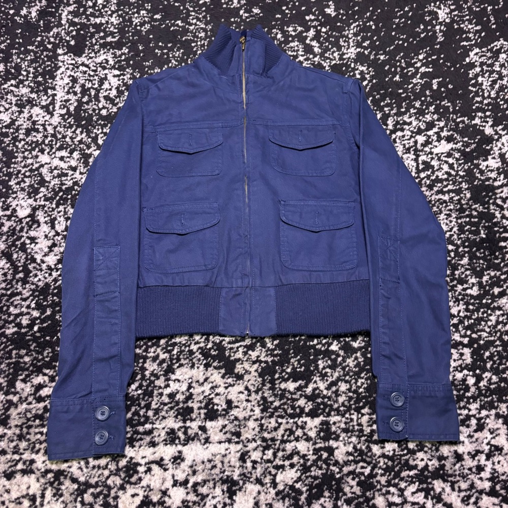 Dear AB Navy Blue Utility Bomber Jacket Womens Medium Y2K Cropped Military Zip